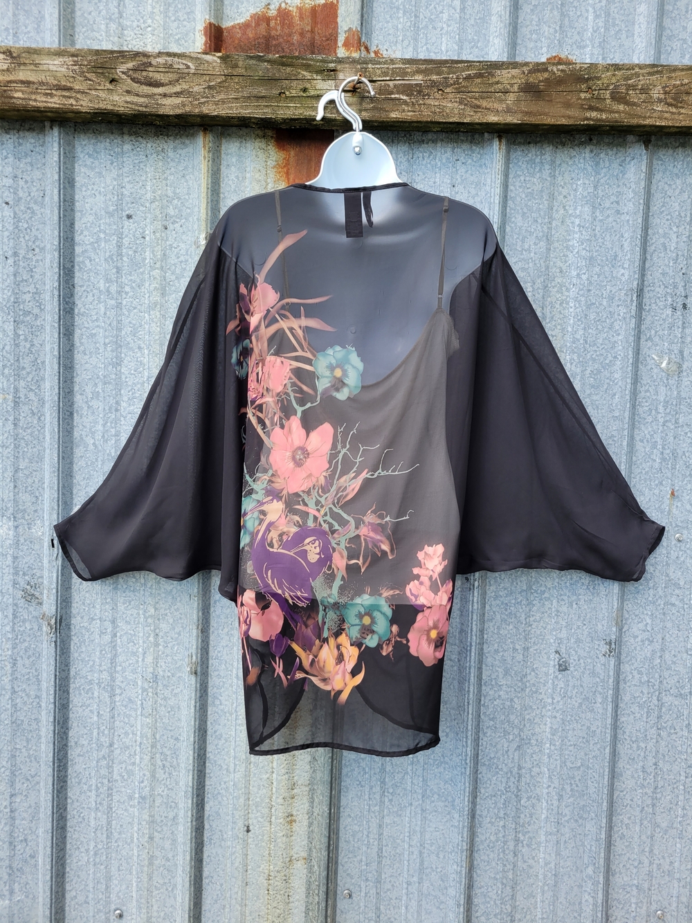 Bisou Bisou Black Sheer Floral Kimono Tunic